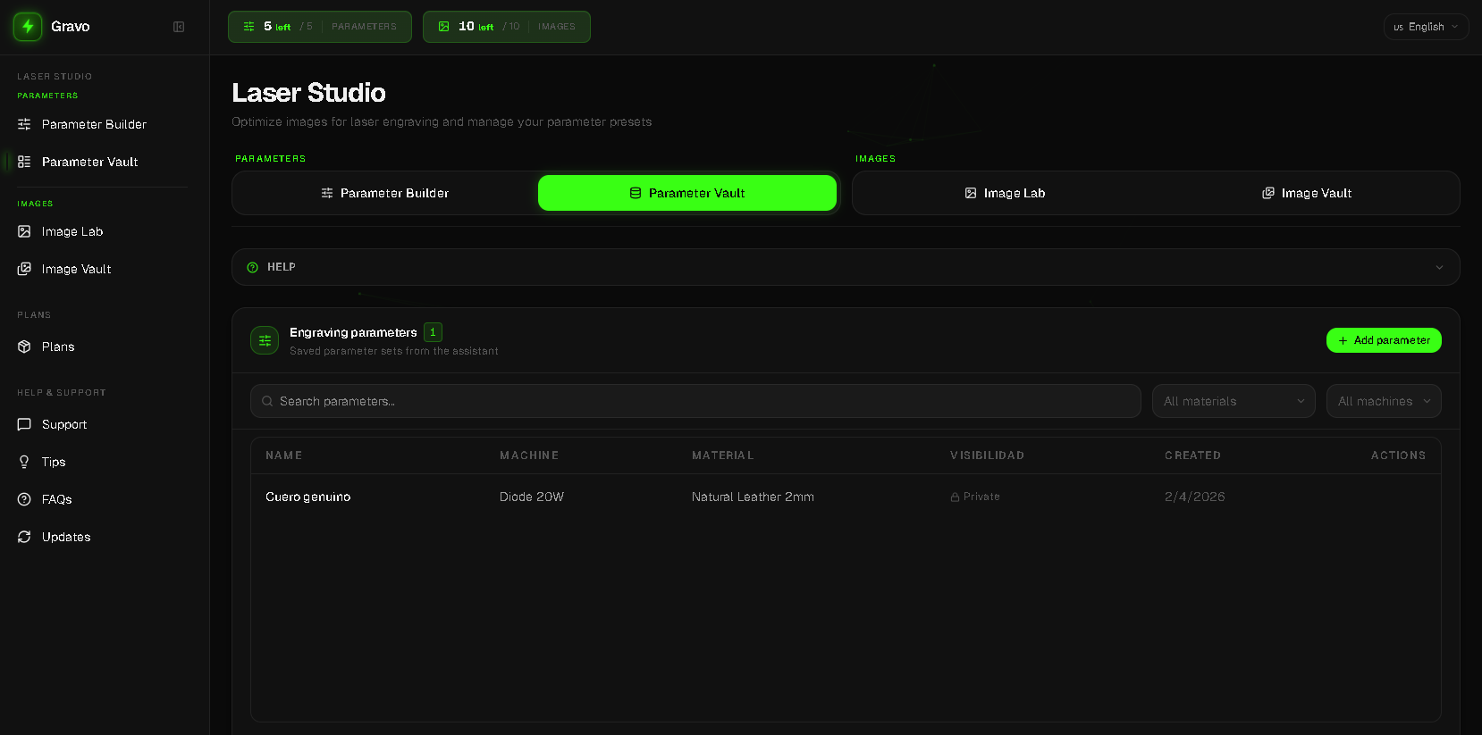 Gravo parameter vault — save and organize your best laser engraving settings by material